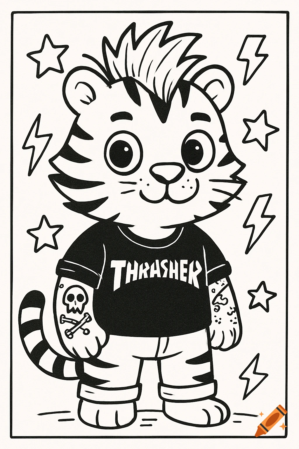 A cute punk cartoon tiger in a Thrasher t-shirt, jeans, and tattoos, styled like a black and white coloring book page with stars and lightning bolts.