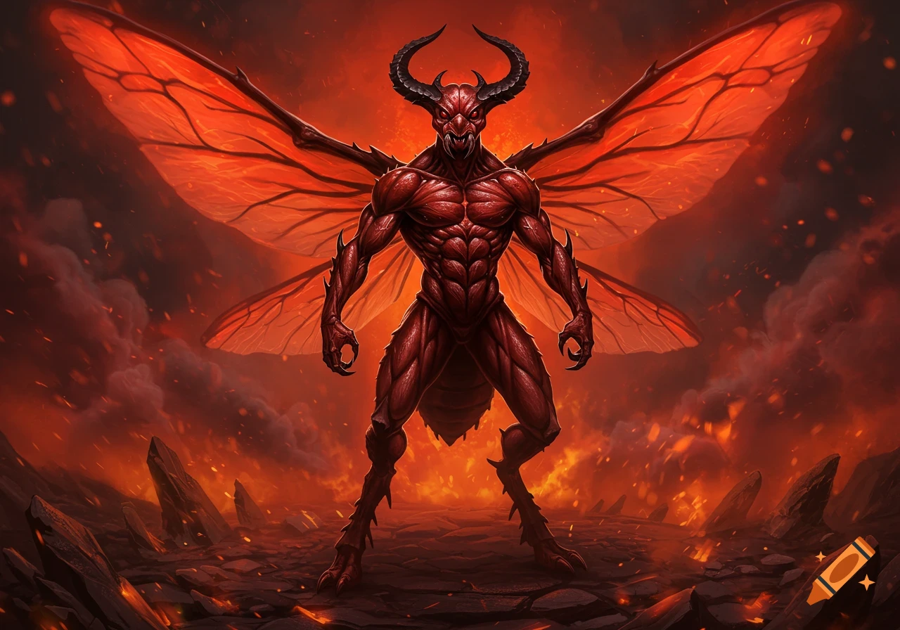 A muscular, red-skinned devil with horns and insect-like wings stands in a fiery, apocalyptic landscape.