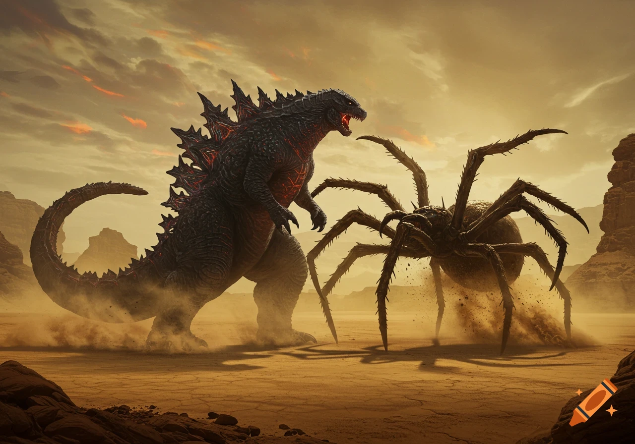 Godzilla roars, confronting a gigantic spider in a dusty desert landscape under a dramatic sky.