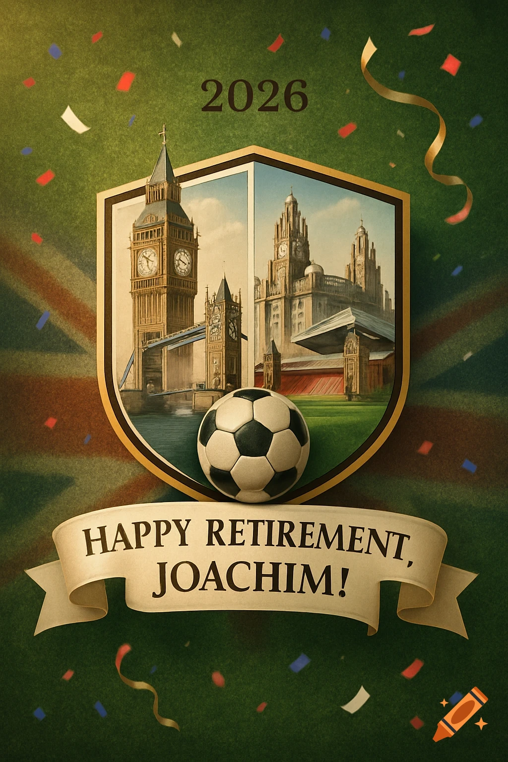 Illustrated green retirement card with Big Ben, Liver Building, a soccer ball, confetti, and 'HAPPY RETIREMENT, JOACHIM! 2026'.