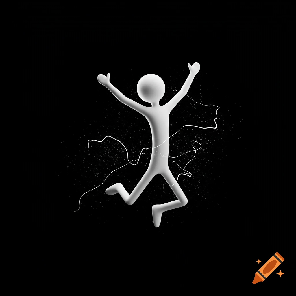 A white 3D rendered stick figure man jumps excitedly with arms raised on a black background.