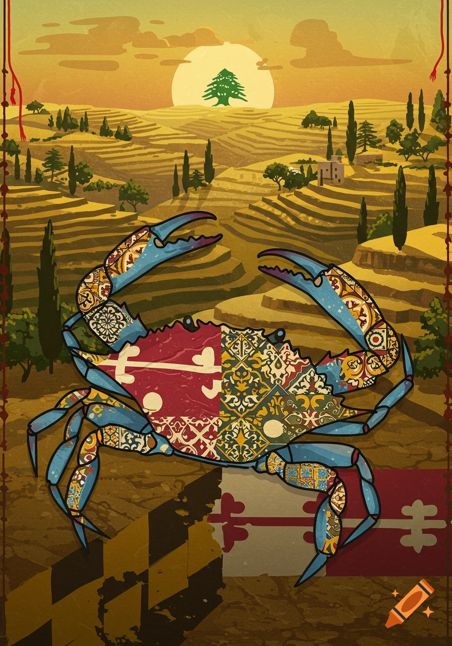 Stylized blue crab with Maryland flag and tile patterns, set in a terraced landscape with a Lebanese cedar sun.