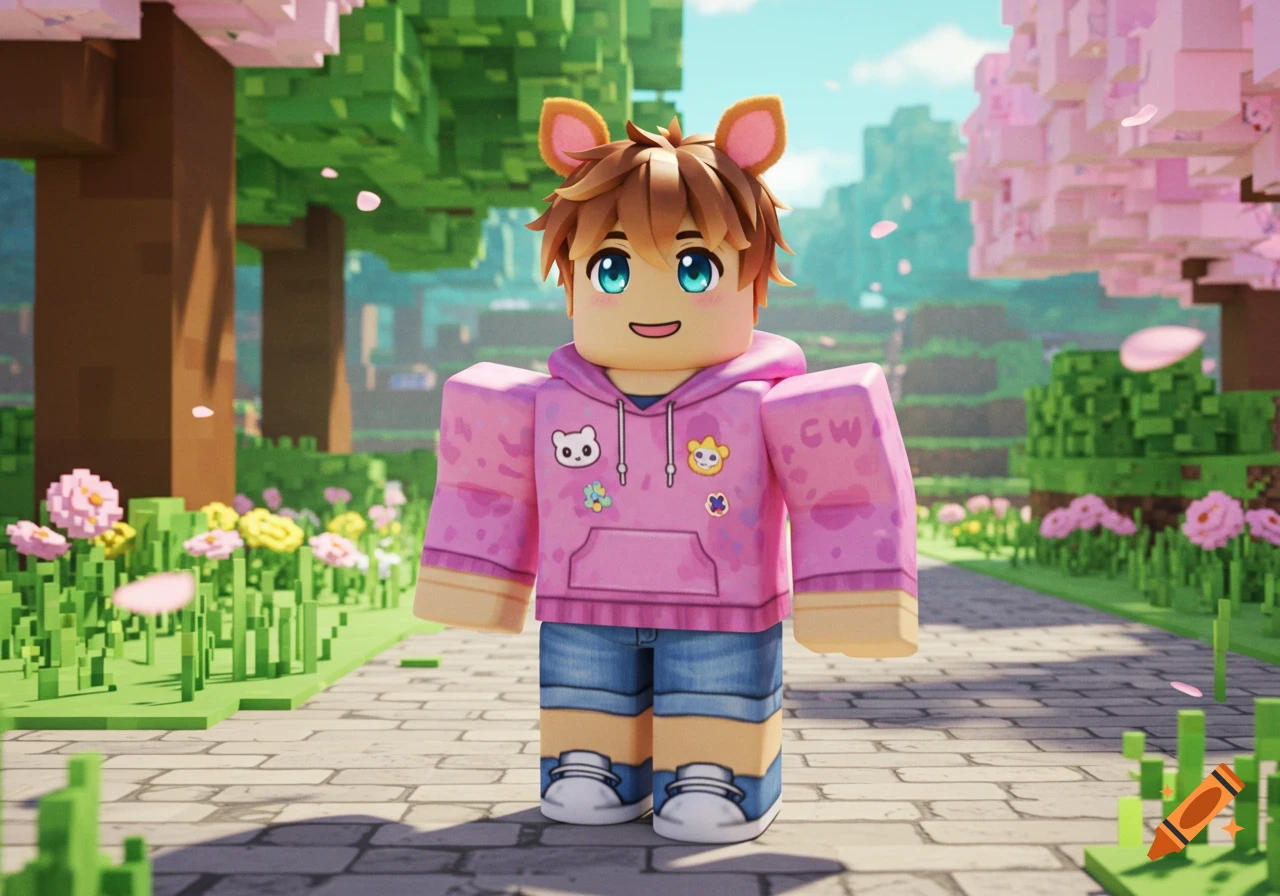 A cute Roblox-style boy with fox ears, big blue eyes, pink hoodie, and denim shorts, stands in a blocky spring landscape with cherry blossom trees.