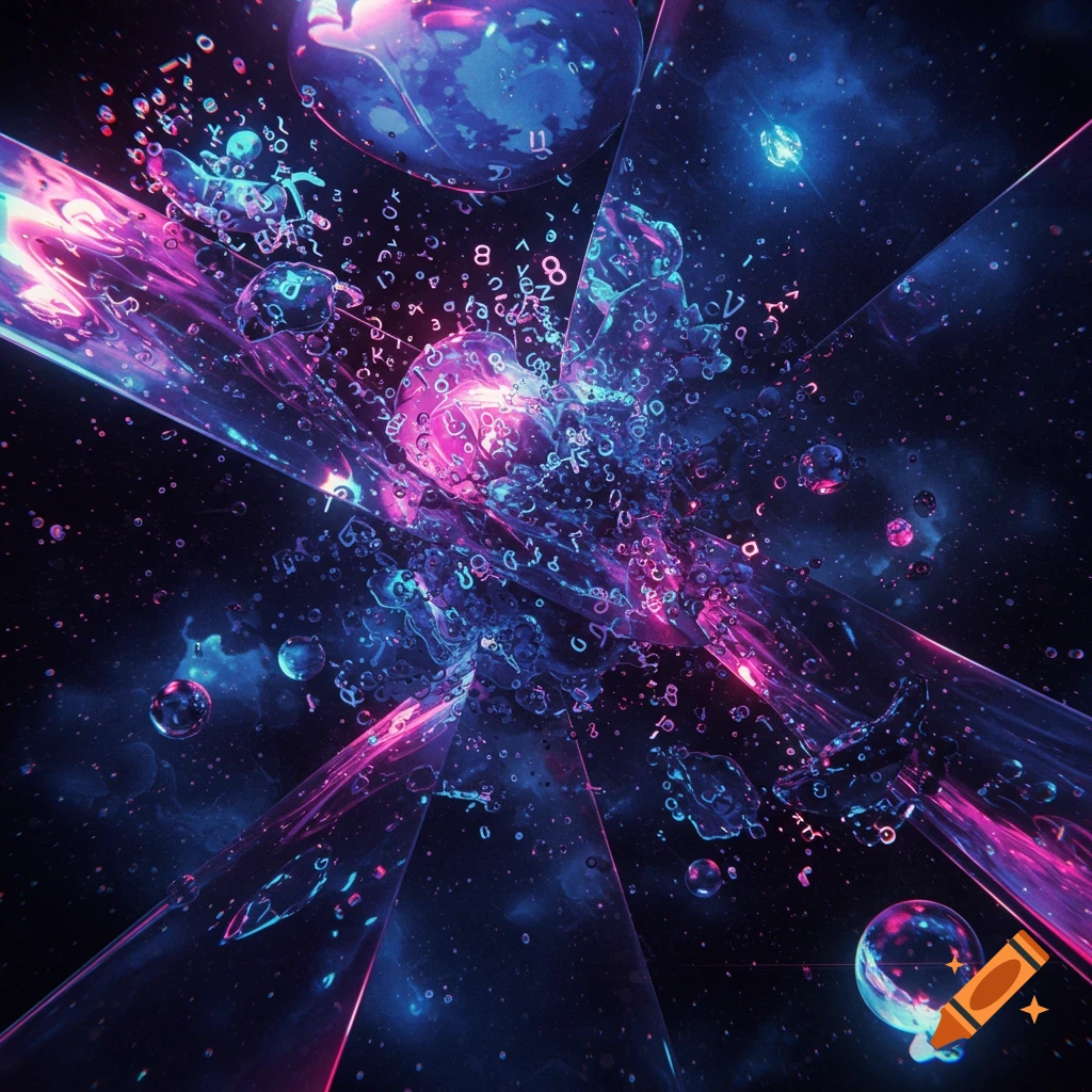 Abstract digital art with glowing pink and blue liquid forms, fragmented geometric shapes, and scattered numbers and letters in a dark, starry void.