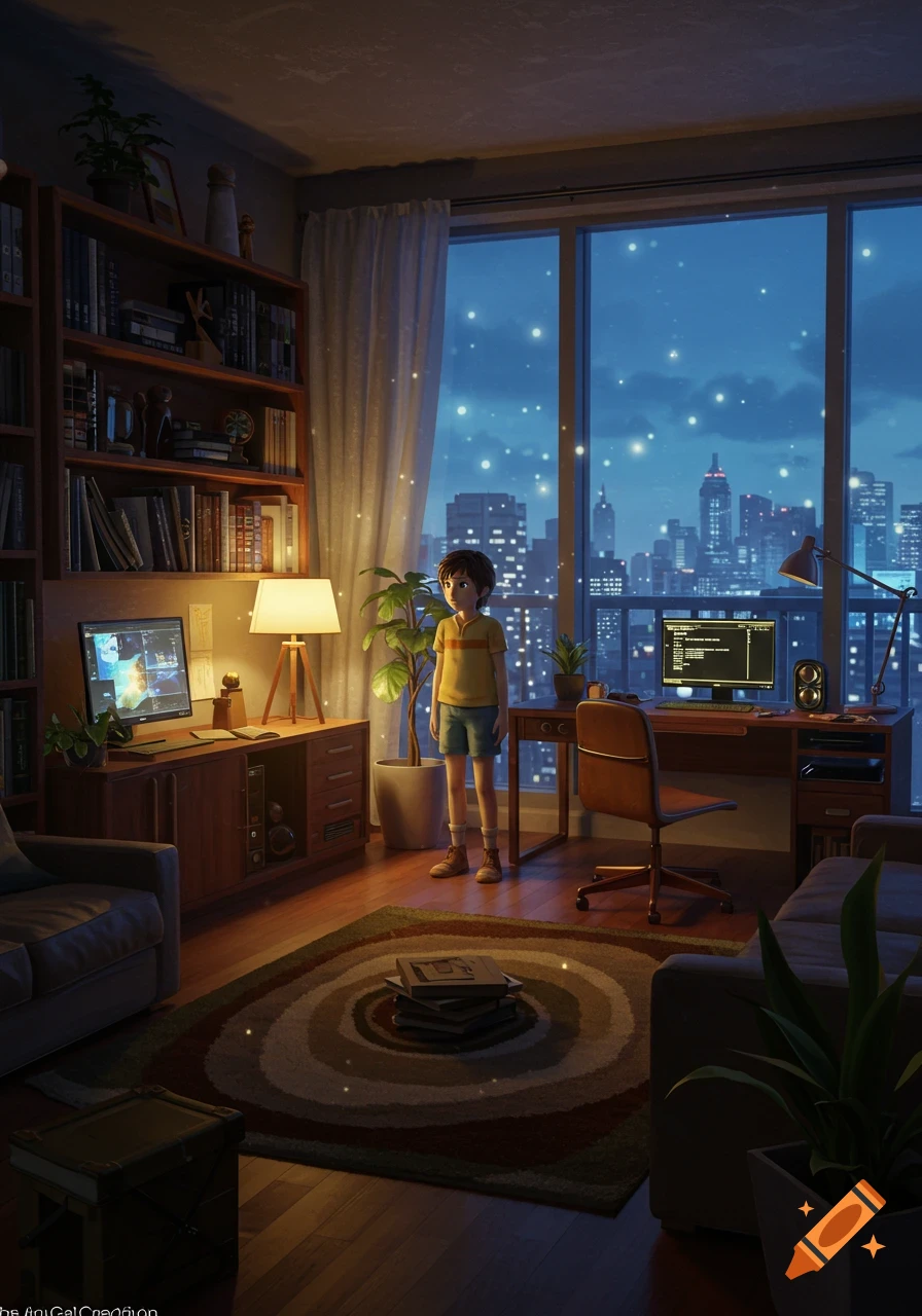Anime art of a boy standing in a modern room with bookshelves, desks, and plants, gazing at a sparkling city skyline at night.