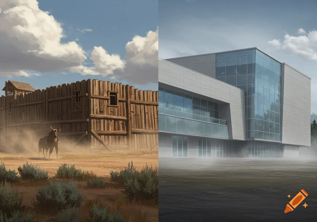 A split image showing a dusty Old West wooden fort with a bull running on the left, and a modern glass building in a misty landscape on the right.