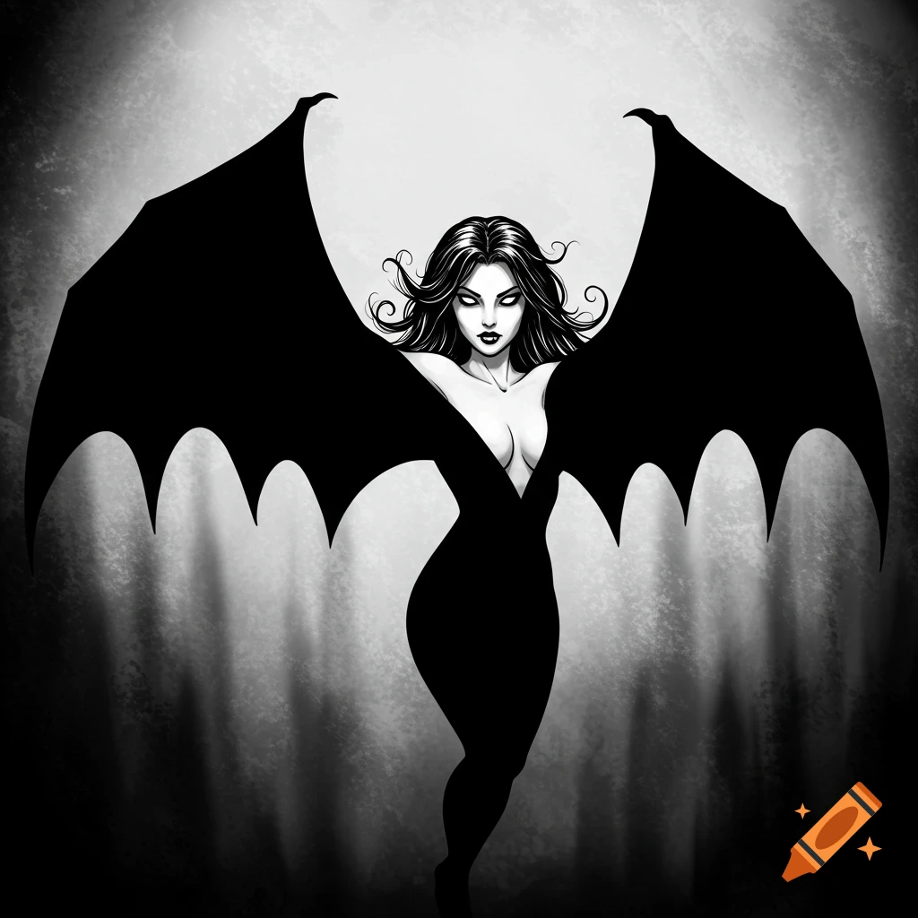 Black and white illustration of a vampiric woman with large bat wings and long dark hair, emerging from shadows.