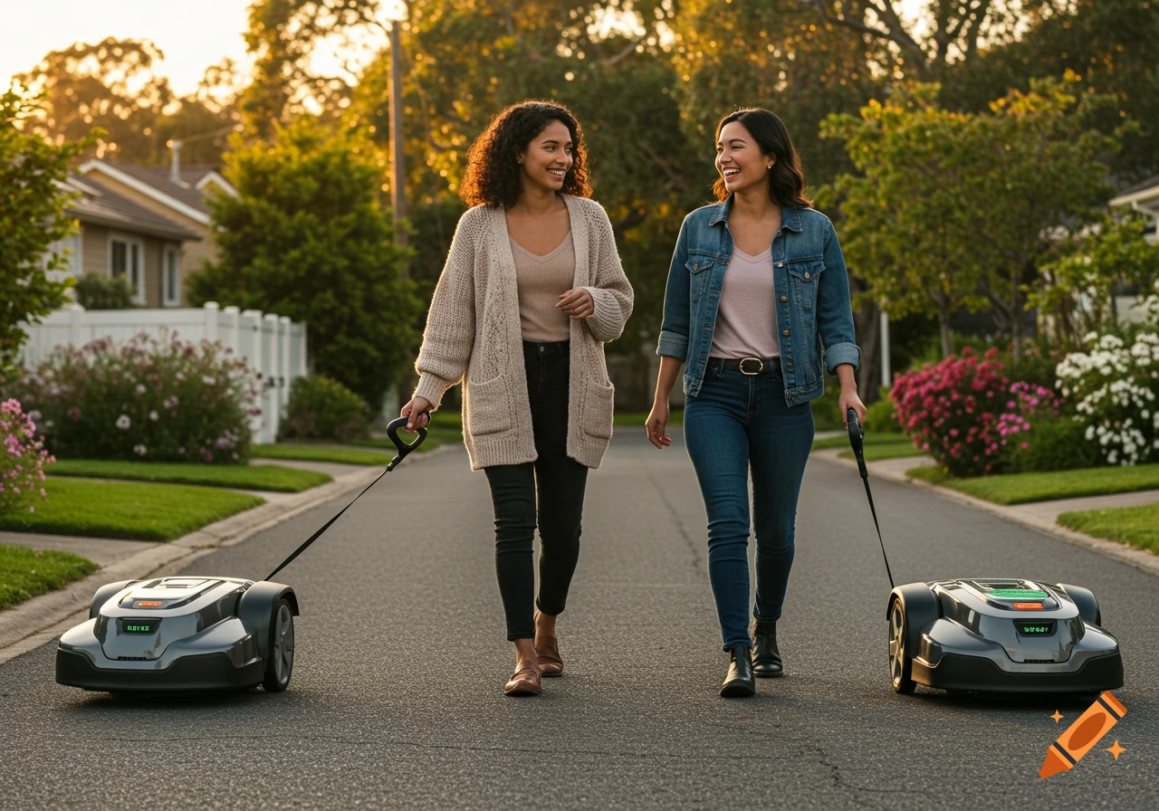 Two women walk robotic lawn mowers on leashes down a suburban street at sunset, photorealistic.