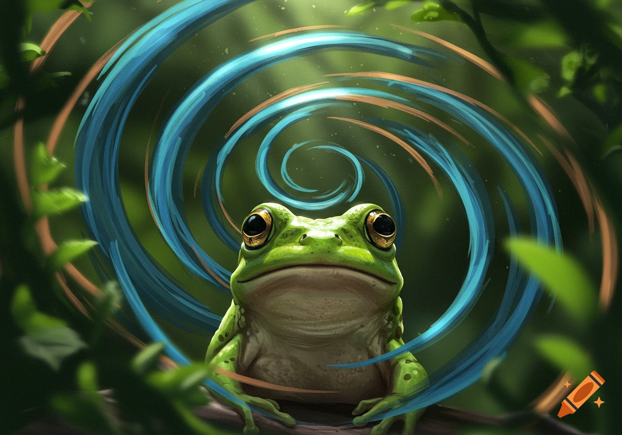 Close-up digital painting of a vibrant green frog, front profile, with glowing blue and orange spirals in a lush forest background.