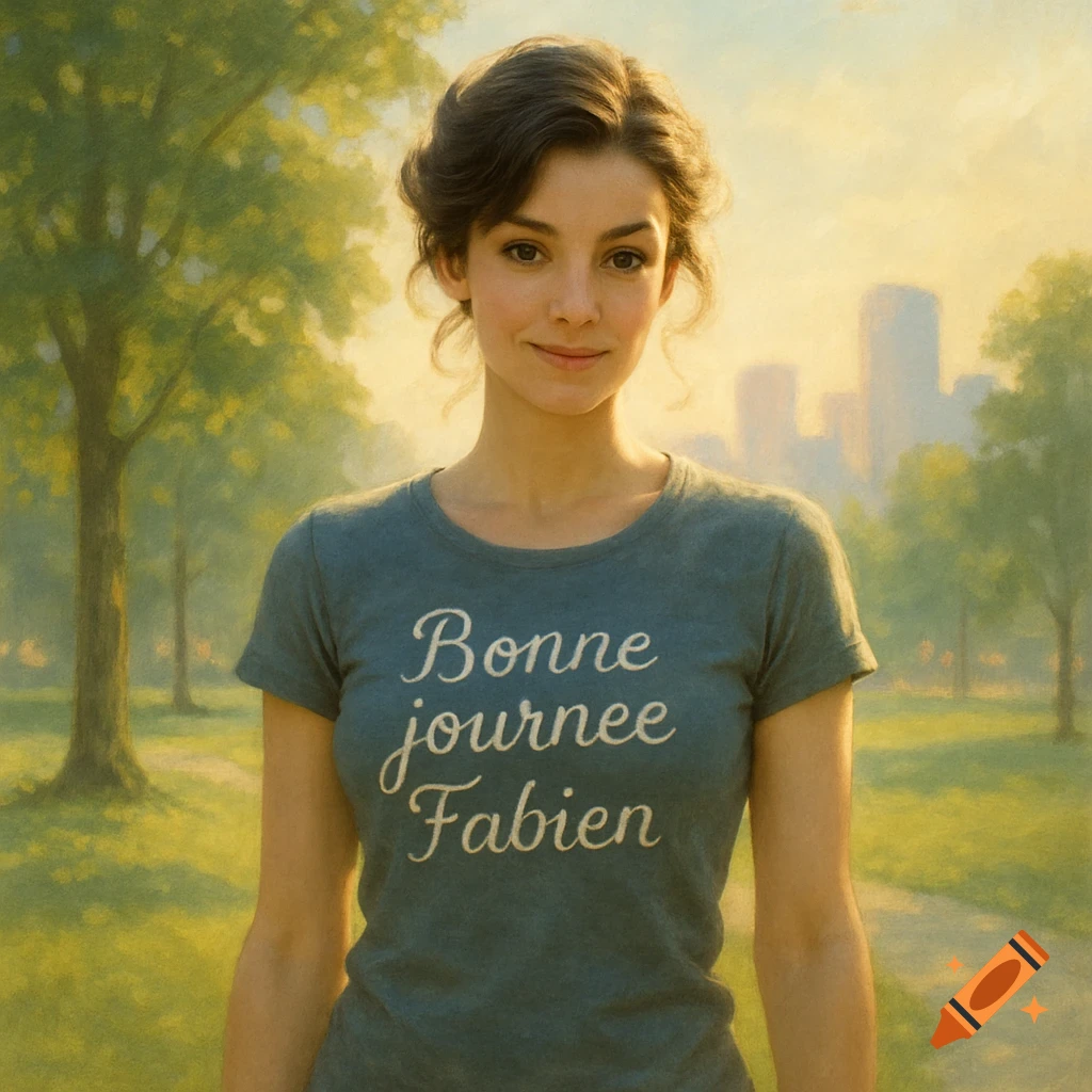 A young woman with brown hair smiles while standing in a park, wearing a blue t-shirt with 'Bonne journee Fabien' written on it. Painterly style.