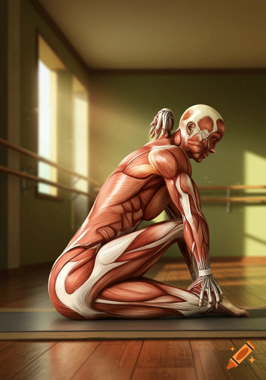 Detailed muscle anatomy figure in a Vajrasana yoga pose on a mat in a sunlit studio with a ballet barre.