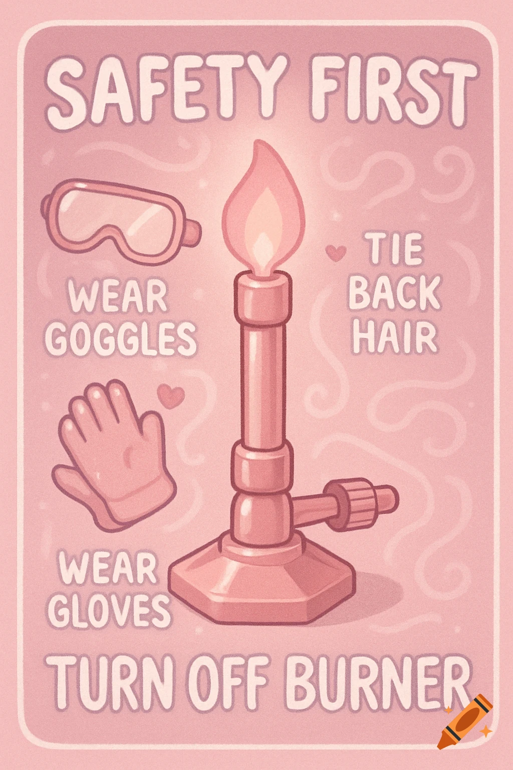 A pink cartoon safety poster illustrating a Bunsen burner, safety goggles, and gloves with text instructions.