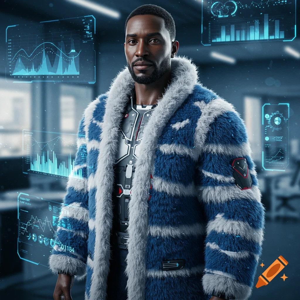 A Black man in a blue and white striped furry coat and futuristic armor stands in a data-filled office, surrounded by glowing holographic screens displaying charts and numbers.