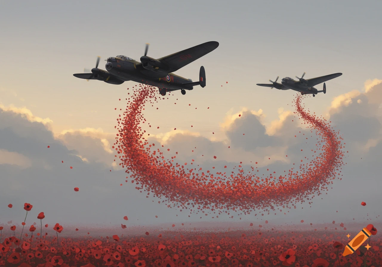Two WWII Lancaster bombers fly over a poppy field, dropping a trail of red poppies into the hazy sky below. Digital art.