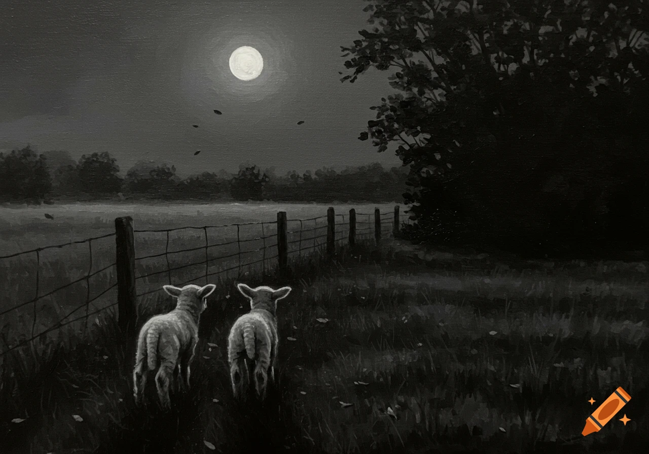 Grayscale oil painting of two baby lambs facing dark woods under a full moon at twilight.
