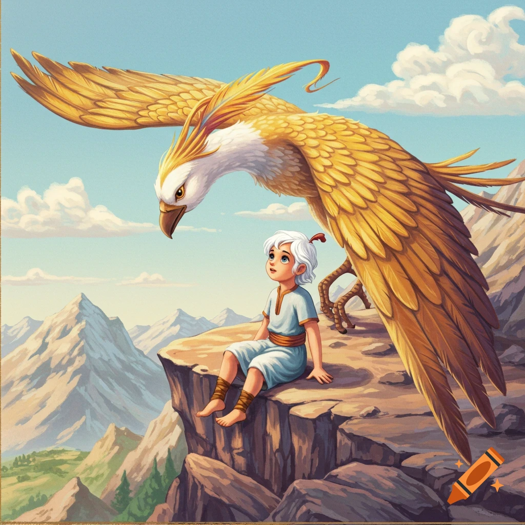 A young boy with white hair sits on a mountain cliff, gazing at a large golden Simurgh bird against a blue sky, in an illustrated style.