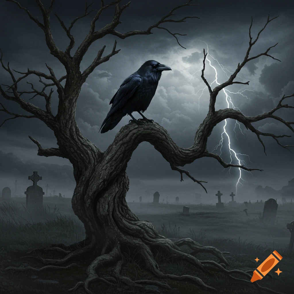 A dark raven perches on a gnarled, bare tree in a misty graveyard under a stormy sky with a lightning bolt.