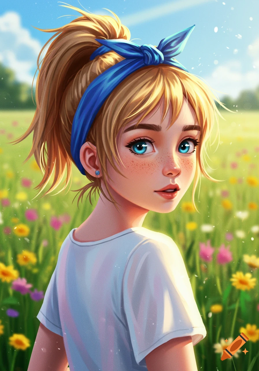 A young anime girl with blonde hair in a ponytail and a blue headband looks over her shoulder in a sunny field of wildflowers.
