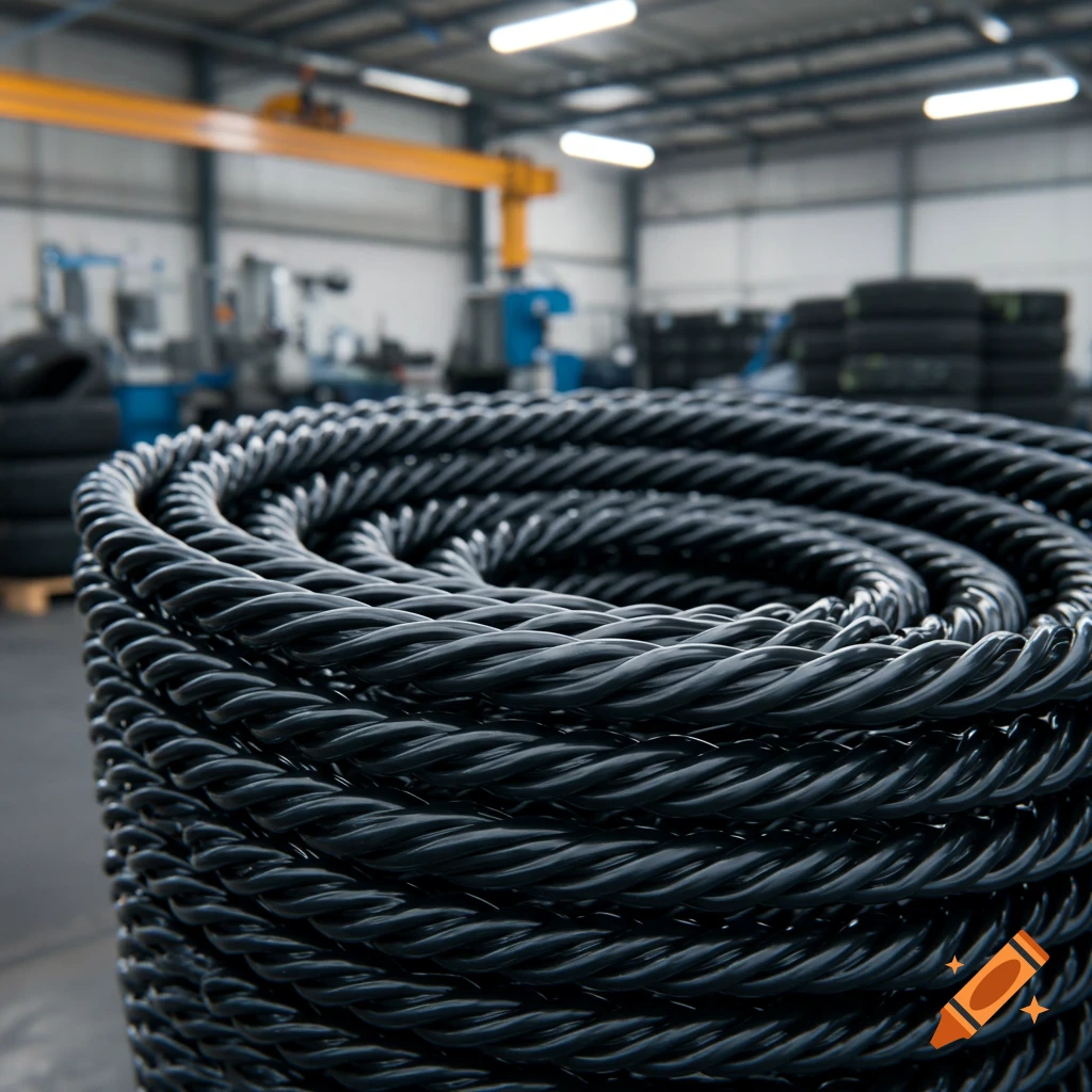 Close-up of tightly coiled black rubberized steel cord in a factory setting with blurred machinery in the background.