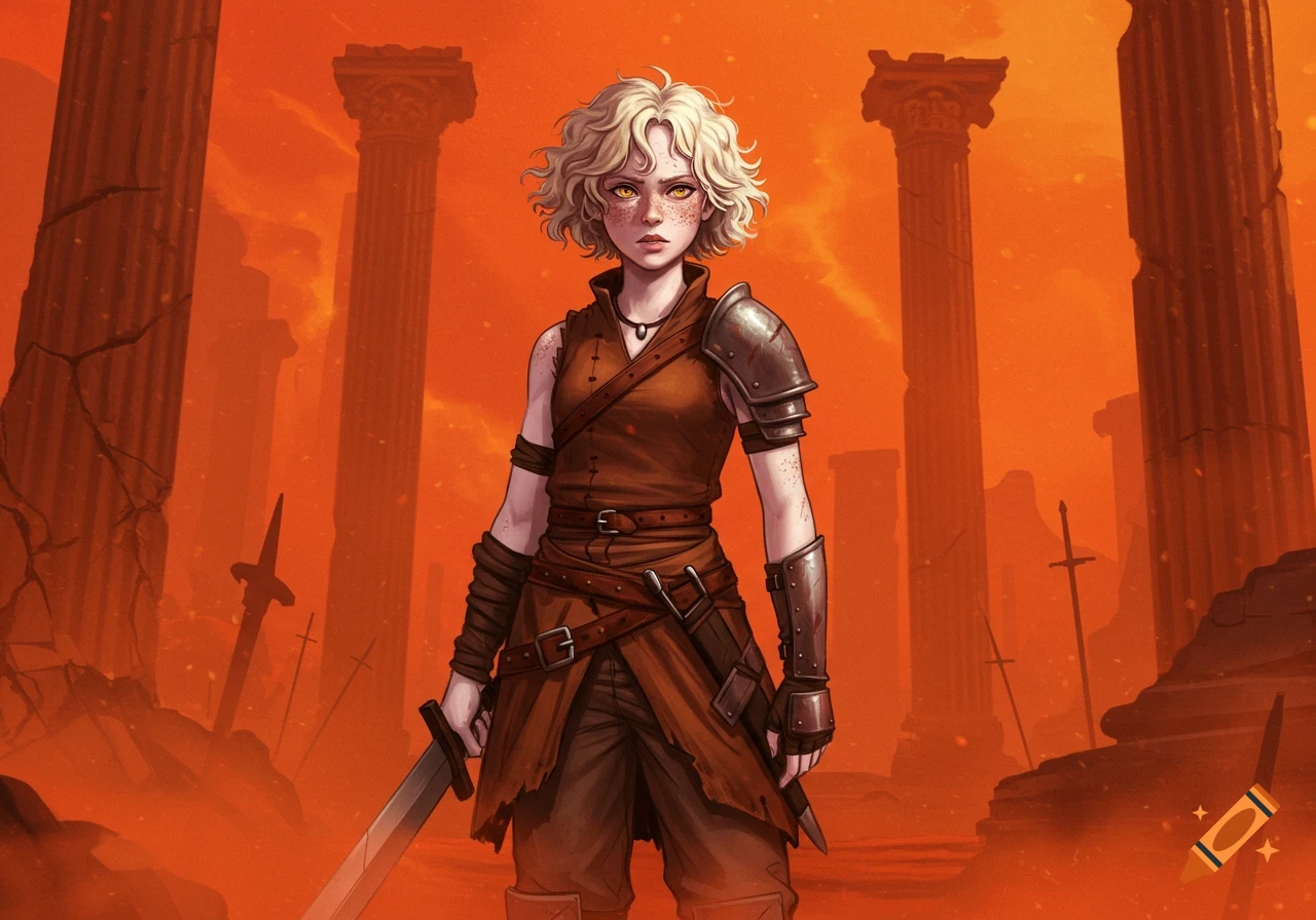 A young, fair-skinned warrior woman with blonde curly hair and freckles stands holding a sword amidst red-orange ancient ruins.