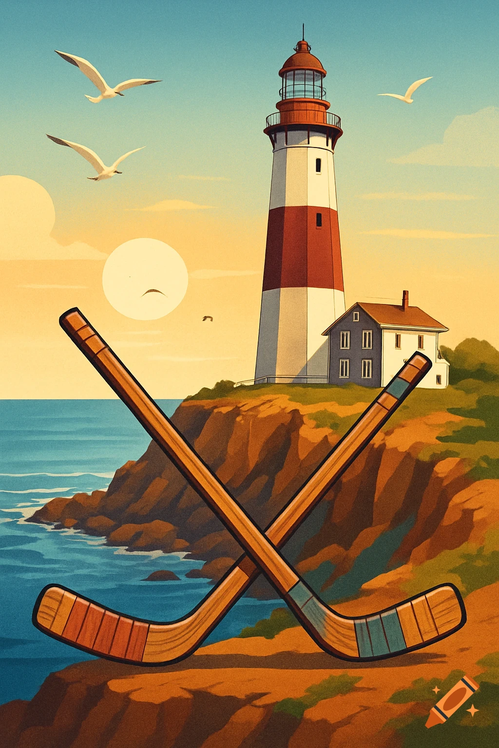 Illustrated scene of two crossed hockey sticks on a cliff with a red and white lighthouse and house overlooking the ocean at sunset.
