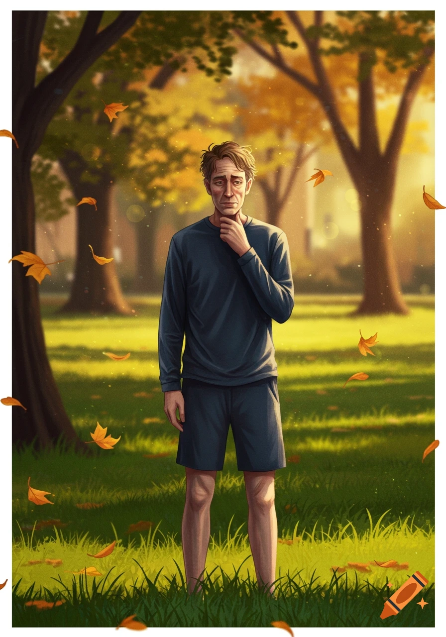 A thoughtful man in a navy blue outfit stands in an autumn park with falling orange leaves, digital art.