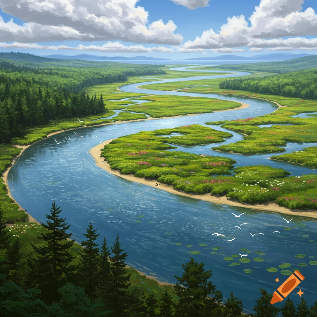 A vibrant aerial view of a winding blue river flowing through a lush green valley with scattered trees and white birds under a cloudy sky.