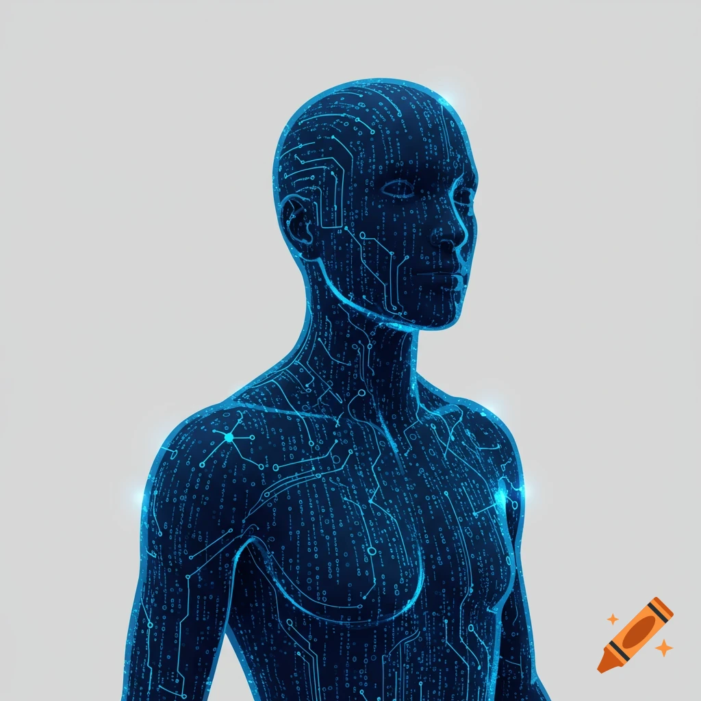 Flat design illustration of a semi-transparent human silhouette filled with glowing blue binary code and circuit lines, on a light background.