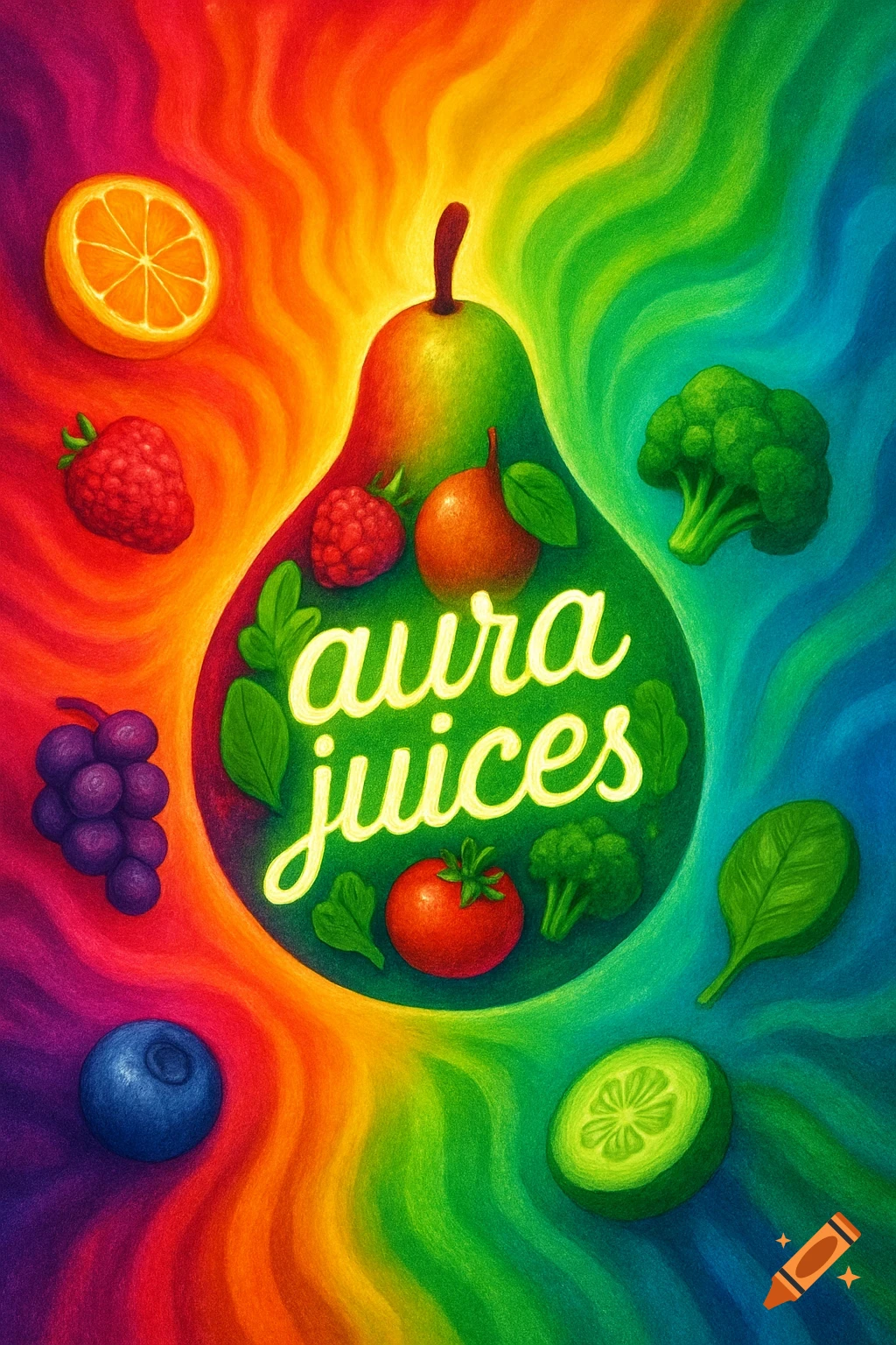 Vibrant illustration of a pear labeled 'aura juices' surrounded by colorful fruits and vegetables on a rainbow background.
