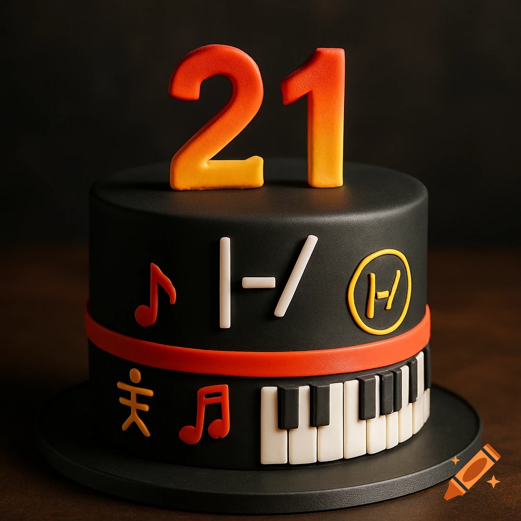 A photorealistic black birthday cake with a red band, decorated with orange number "21" on top, musical notes, a keyboard, and Twenty One Pilots logos.
