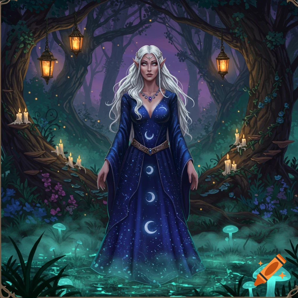 An elf woman with white hair in a blue gown with moon patterns stands in a glowing, dark fantasy forest.