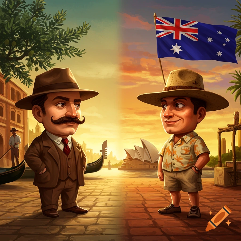 Cartoon Italian man in a suit on the left looks at a cartoon Australian man in a hat on the right, with Venice and Sydney Opera House at sunset.