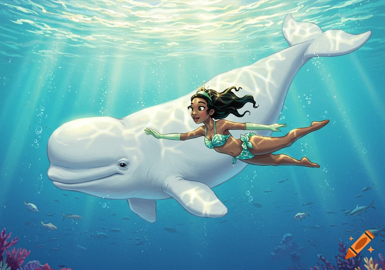 Cartoon Princess Tiana in a bikini swims underwater alongside a smiling beluga whale.