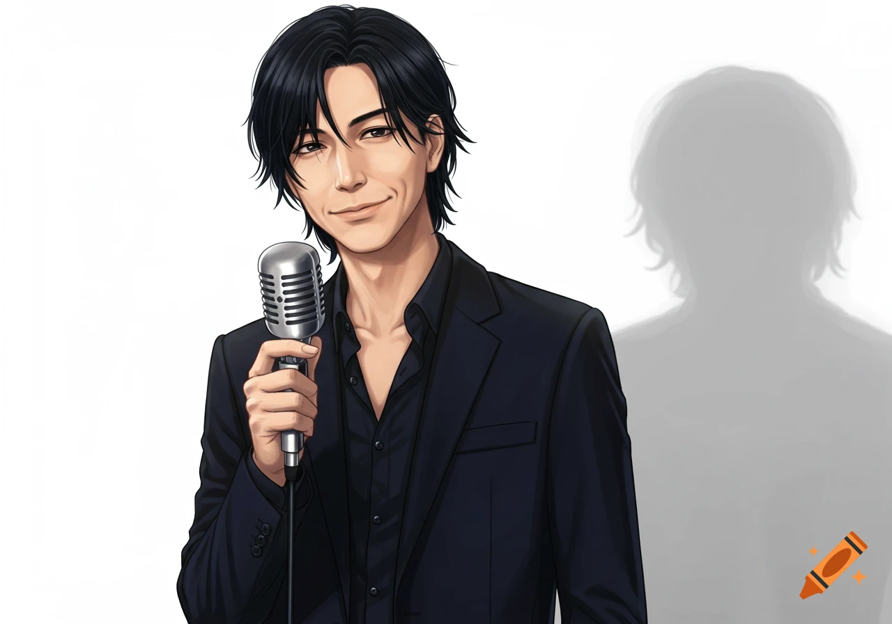 An anime-style Japanese man with black hair, wearing a black suit, holding a silver microphone and smiling subtly on a white background.