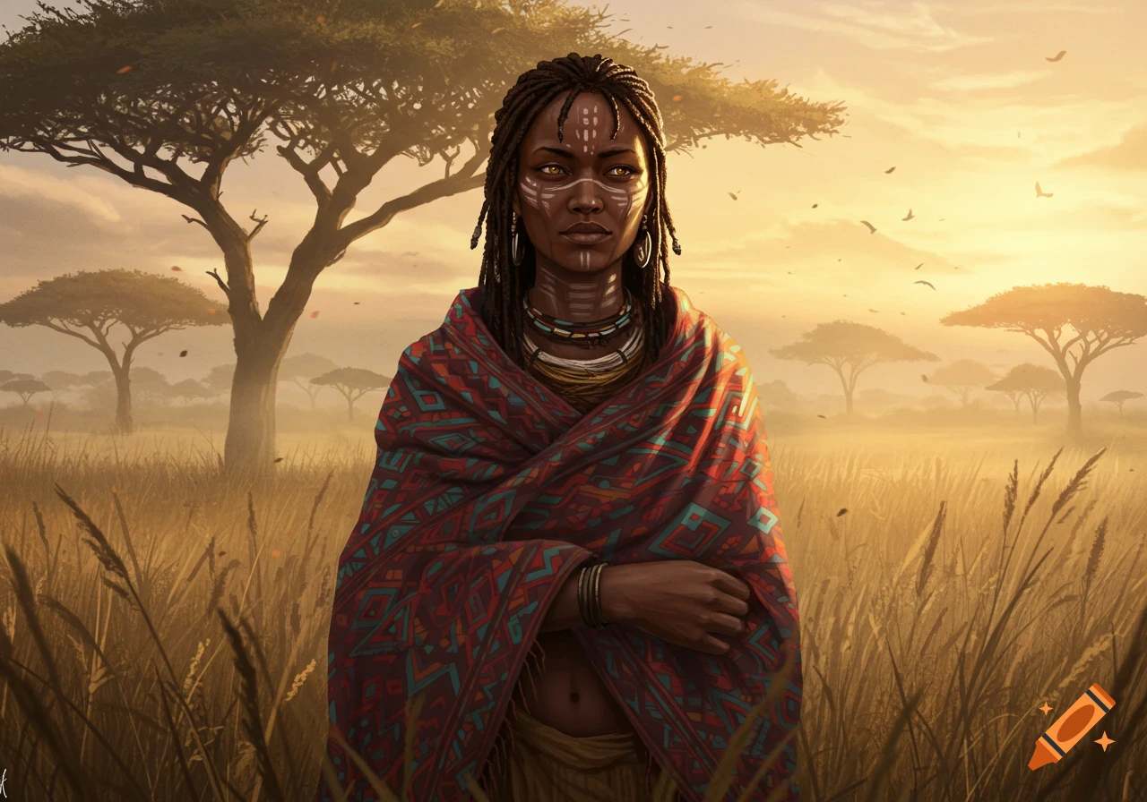 Illustration of a tribal woman with face paint and dreadlocks, wrapped in a patterned blanket, in a savanna at sunset.