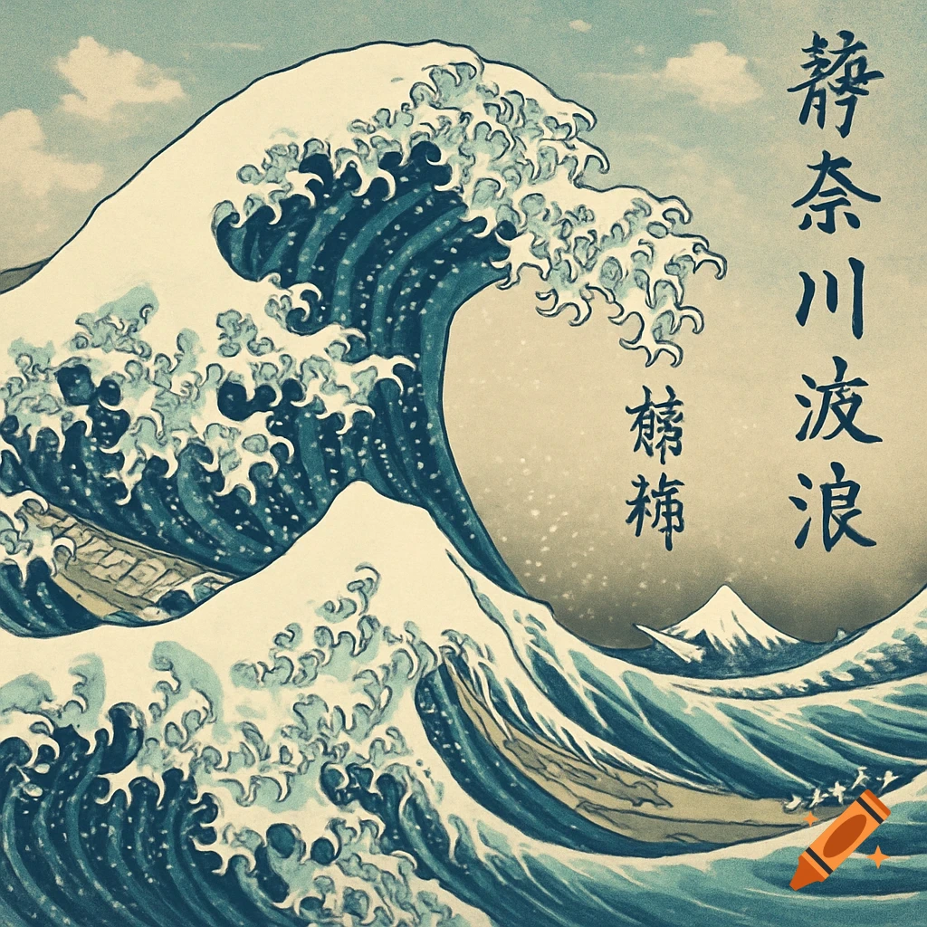 A stylized Japanese woodblock print of a large ocean wave with Mount Fuji in the background.