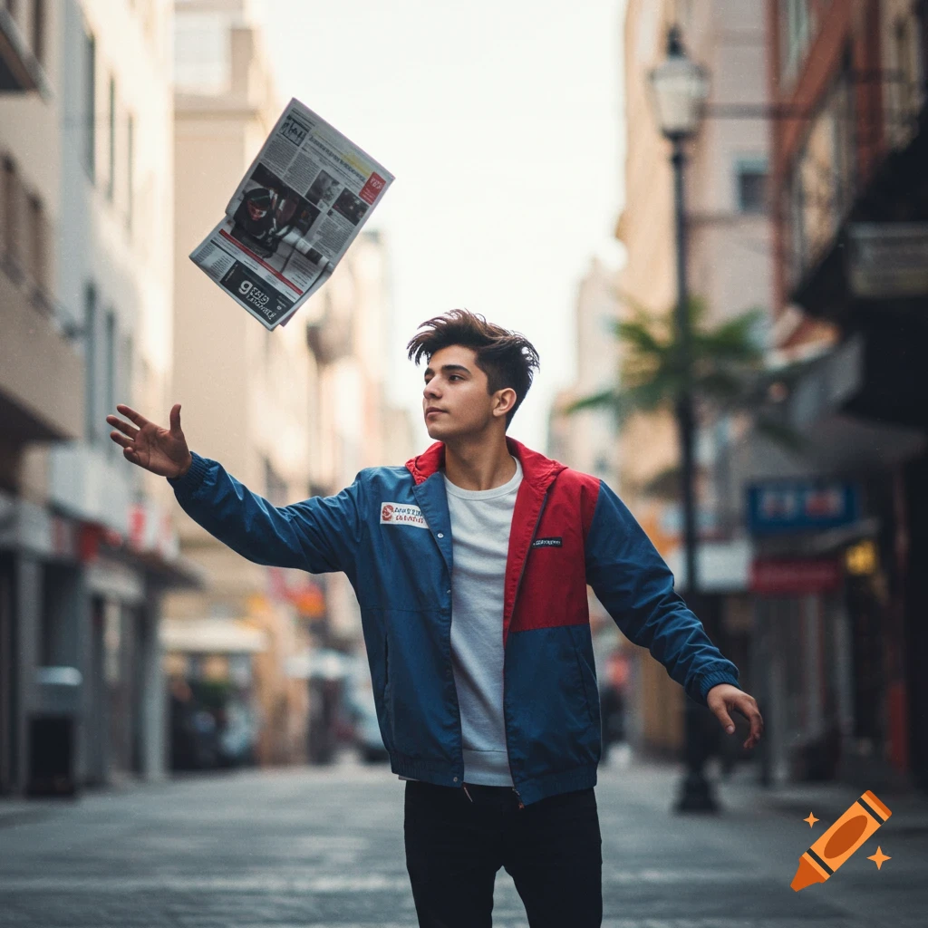 A young man in a blue and red jacket throws a newspaper in a city street, photorealistic style.