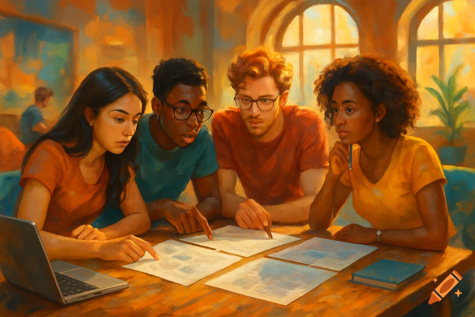 Four diverse college students in a painterly style studying a scientific paper together at a table with a laptop.