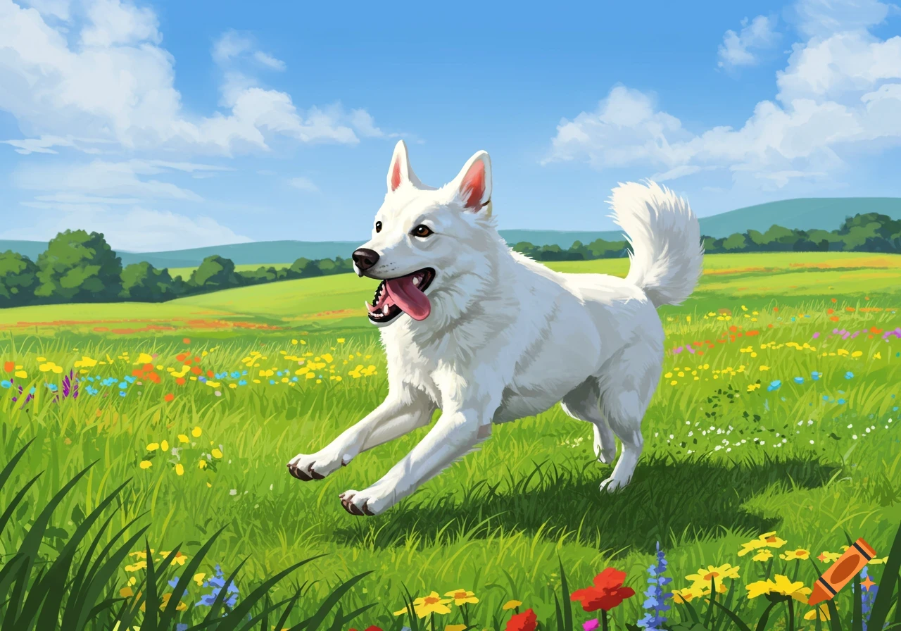 White dog happily running through a vibrant green field filled with colorful wildflowers under a blue sky, illustration style.