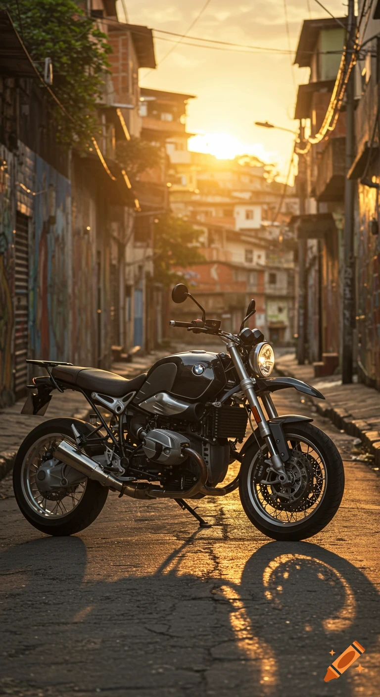 A black BMW motorcycle parked on a narrow favela street with graffiti, bathed in warm sunset light. Photorealistic.
