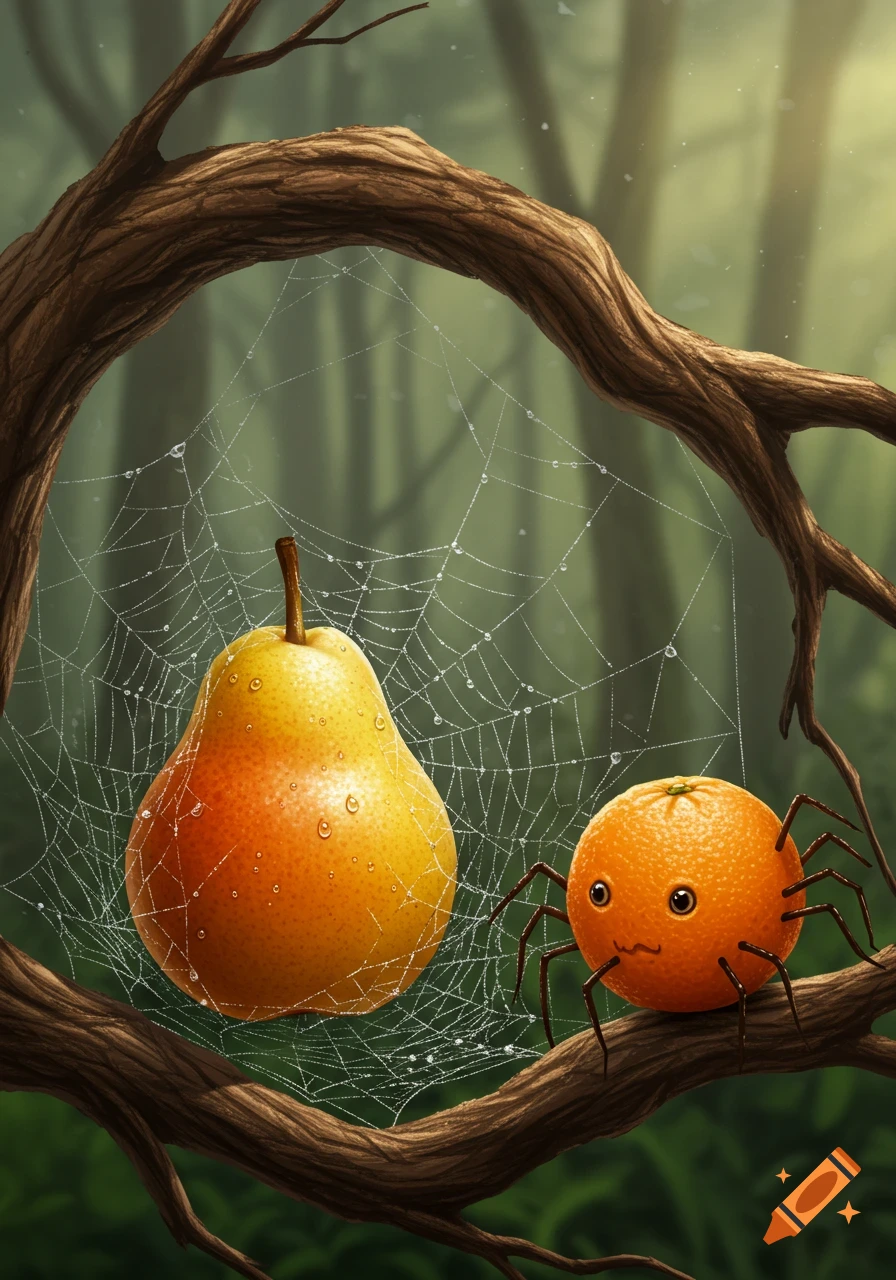 A cartoon orange with spider legs crawls on a branch next to a pear caught in a dew-covered spiderweb in a forest.