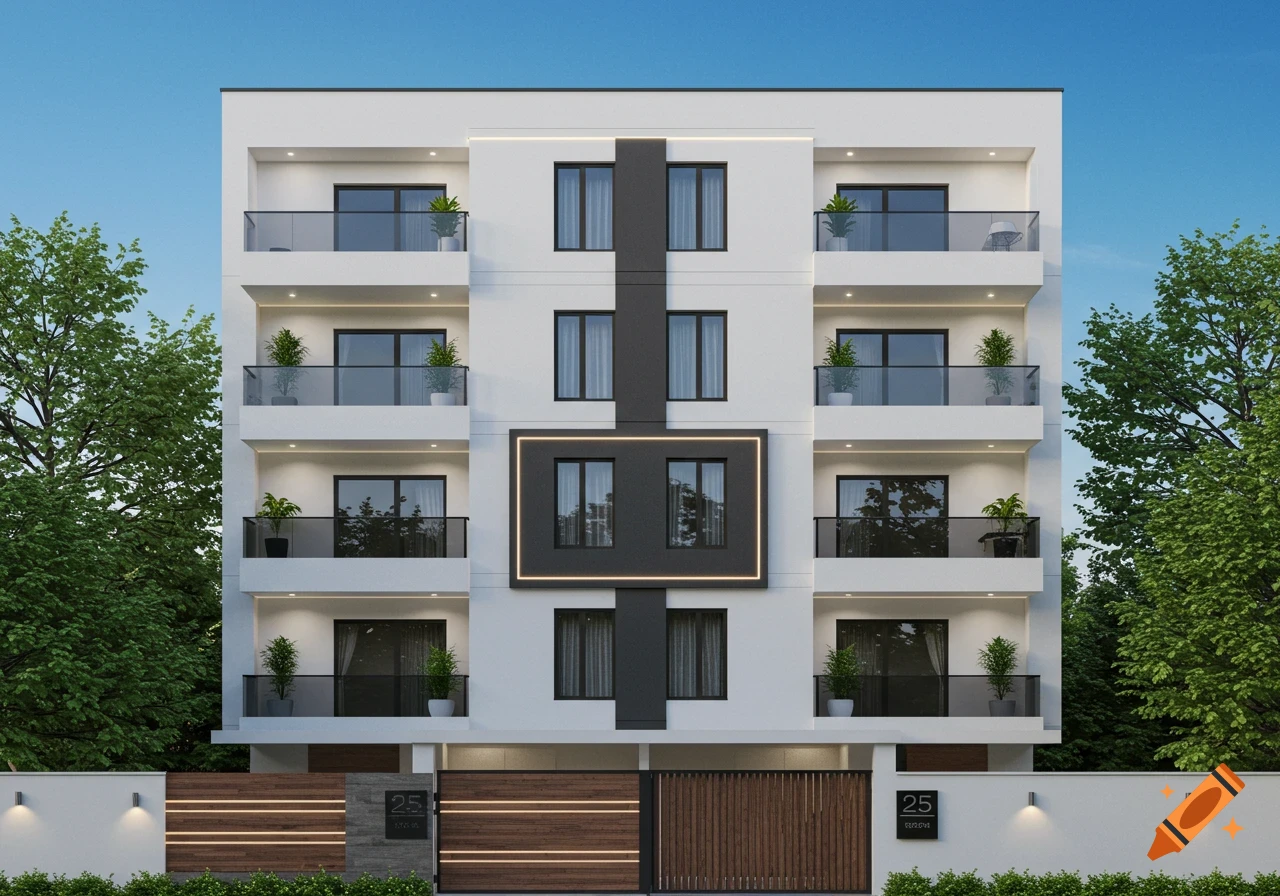 A modern five-story white and black apartment building with balconies, glass railings, and trees under a clear blue sky.