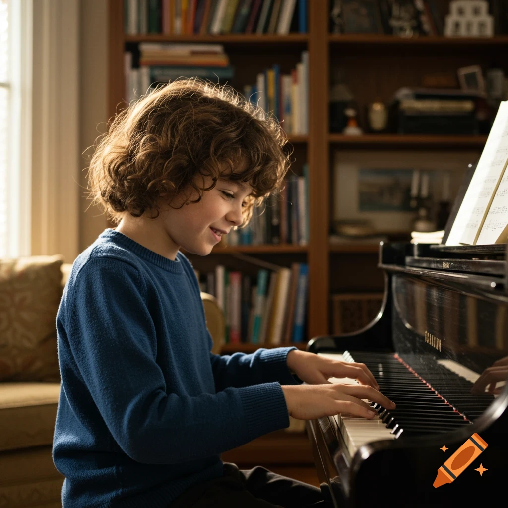 A young boy with curly brown hair smiles while playing a black grand piano in a sunlit room with bookshelves in the background. Photorealistic style.