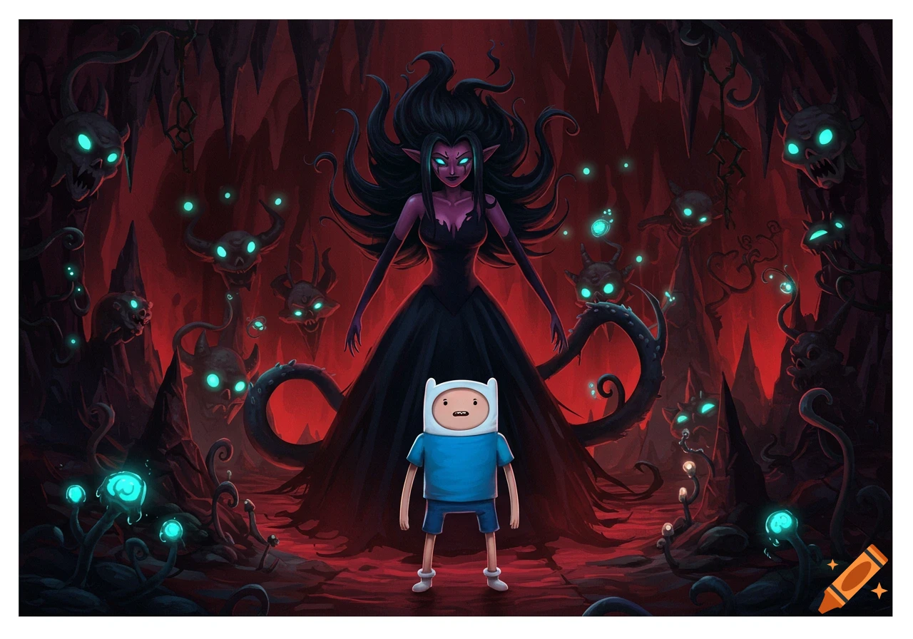 Finn Mertens faces a tall, purple-skinned demon in a dark, red cave filled with glowing-eyed creatures and plants.