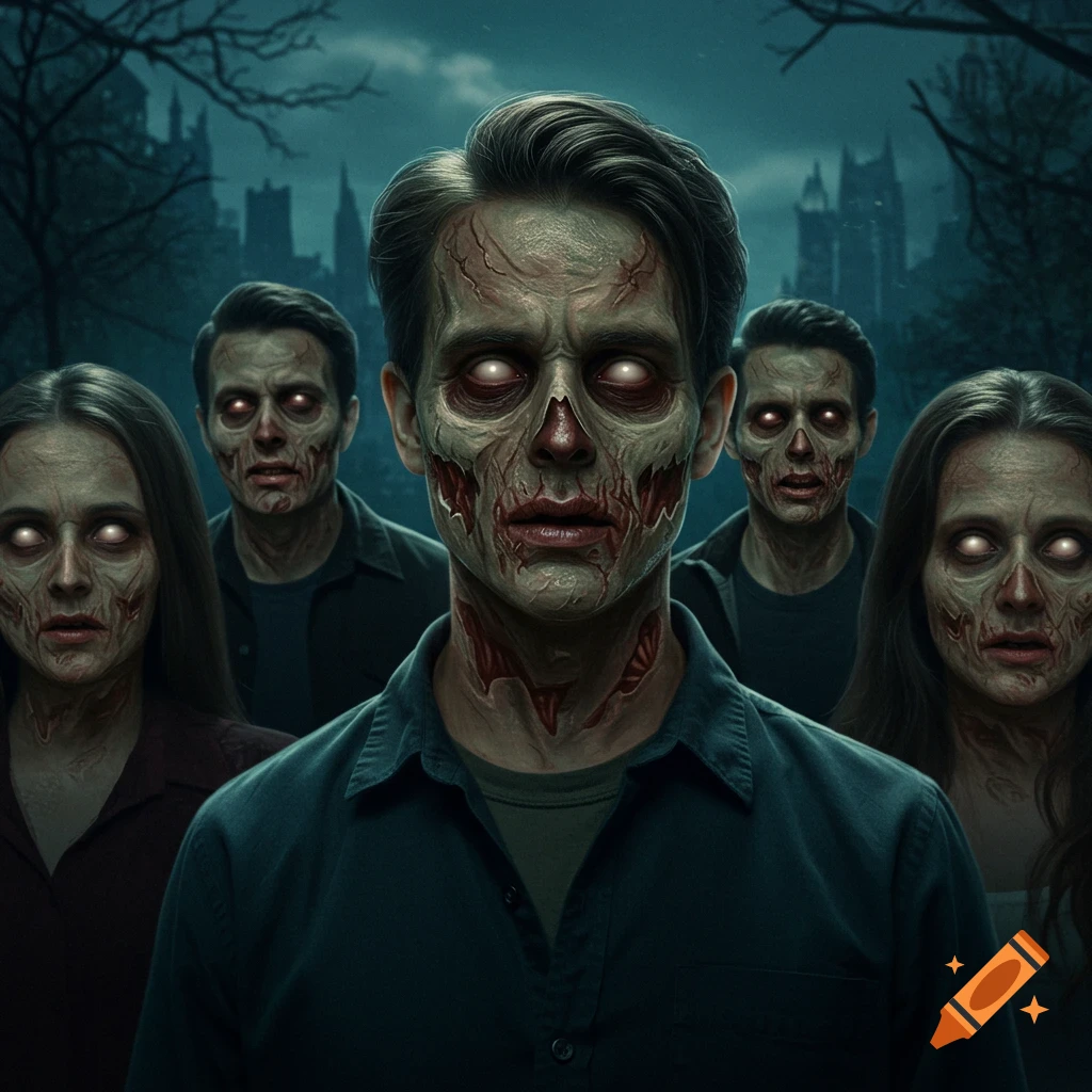 Close-up of a group of five zombies with decaying skin and glowing white eyes in a dark, atmospheric horror scene with bare trees and buildings.