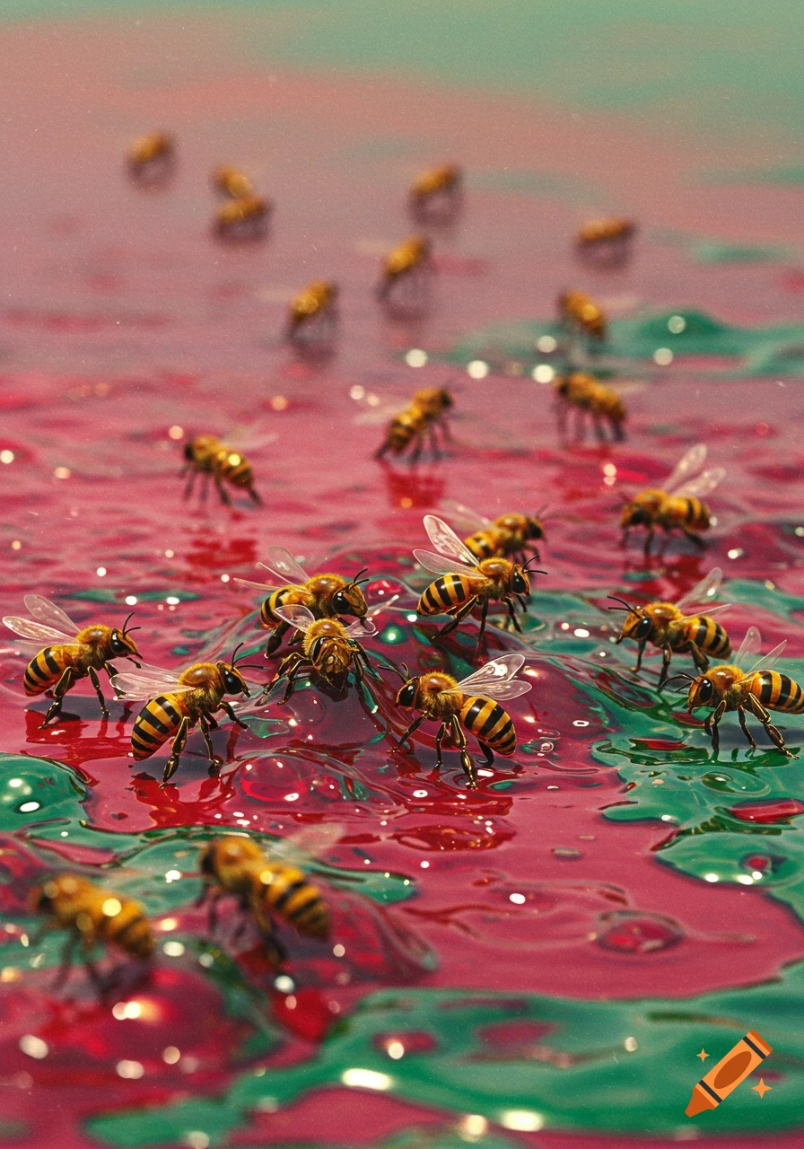 Close-up of numerous bees crawling on a vibrant, shiny red and green gooey surface.