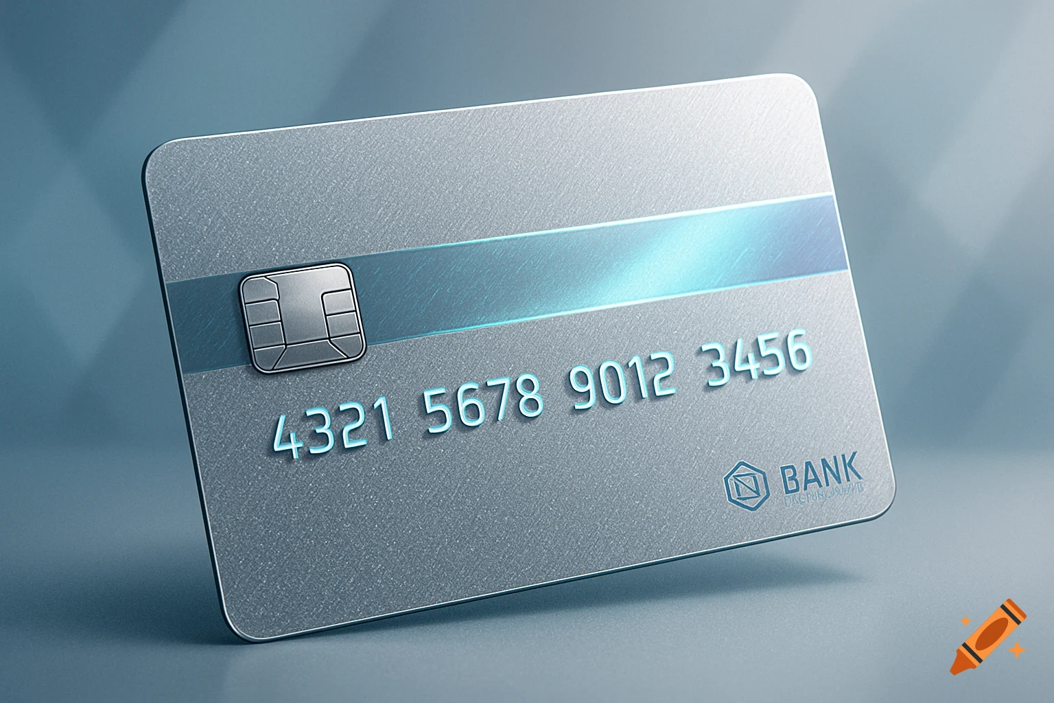 A silver bank card with a blue stripe, showing a silver chip, and a prominent card number "4321 5678 9012 3456" in blue text.