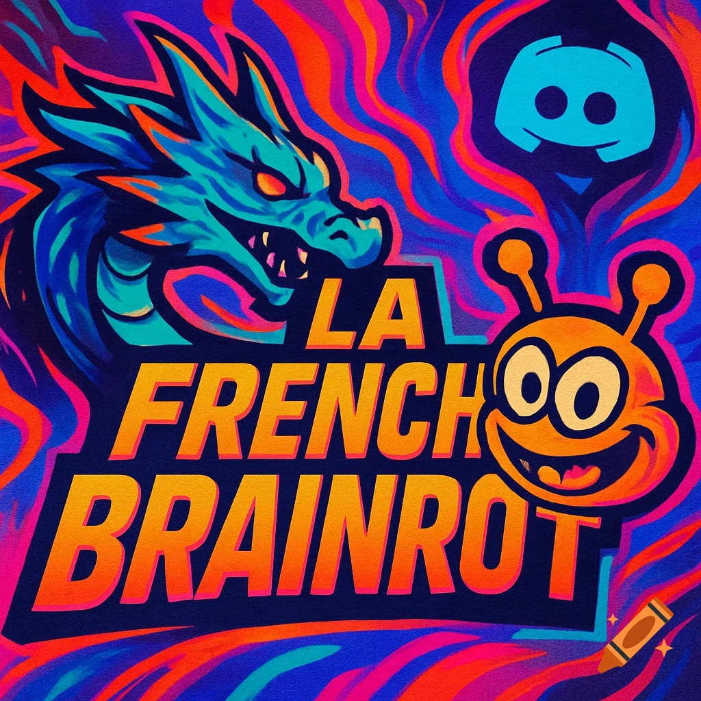 A vibrant, neon-colored logo featuring a turquoise dragon head, orange cartoon character, and blue Discord icon, with the text "LA FRENCH BRAINROT" in orange.