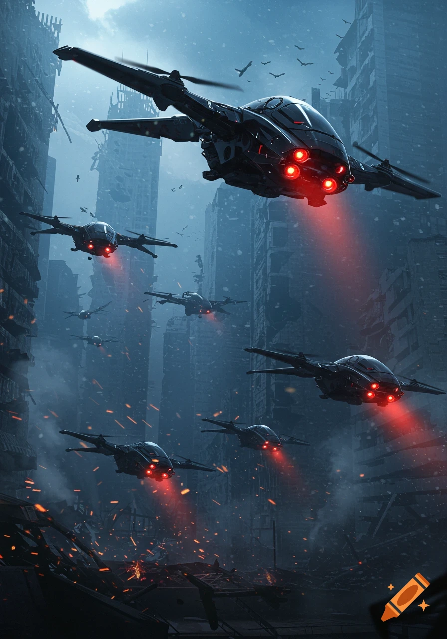 Black futuristic drones with red lights fly over a ruined, snow-covered city with fires on the ground, in a dark sci-fi concept art style.