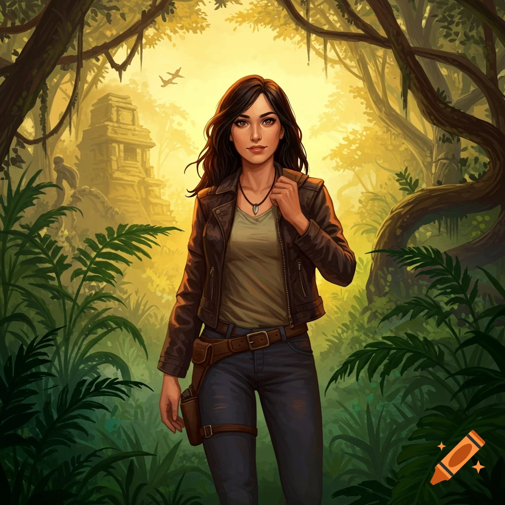 A woman in a brown leather jacket and jeans stands in a vibrant jungle with ancient ruins and a small plane in the background.